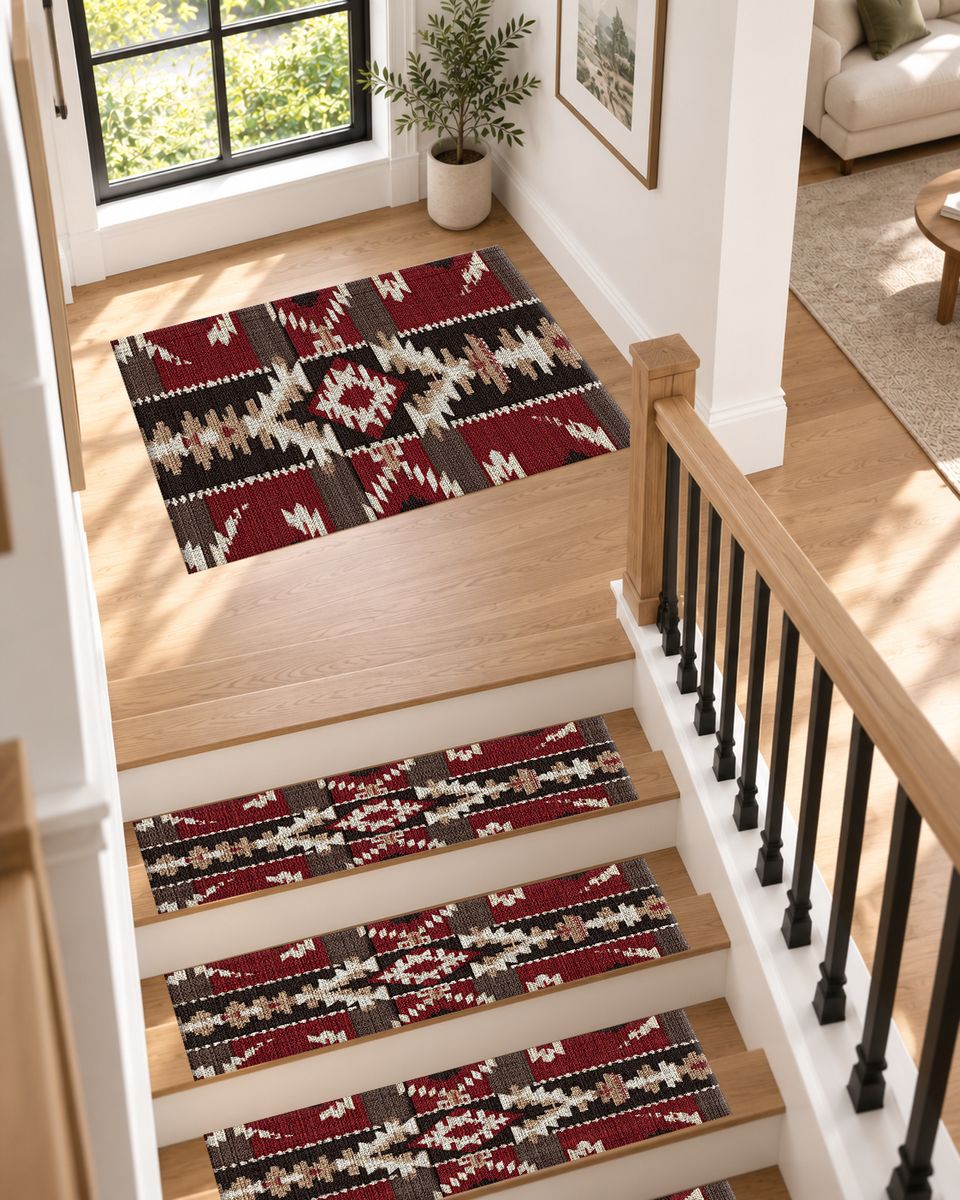 Red and Black Southwestern Kilim non-slip stair mat