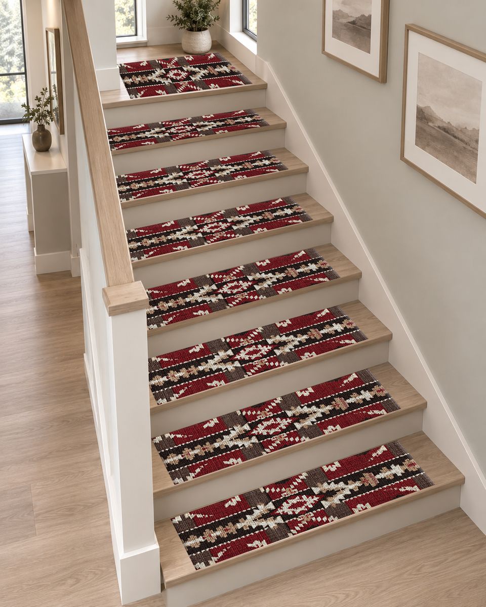 Red and Black Southwestern Kilim non-slip stair mat