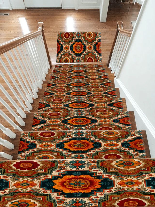 Orange Retro Floral Medallion non-slip stair mat