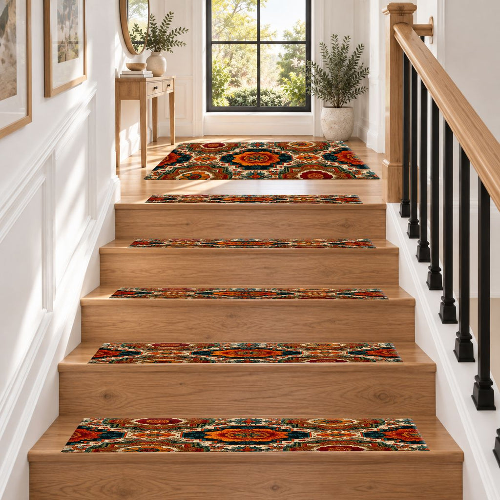 Orange Retro Floral Medallion non-slip stair mat