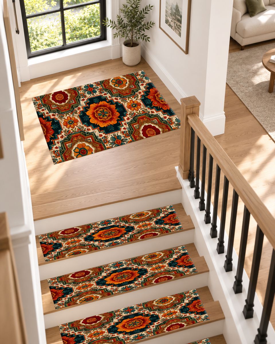 Orange Retro Floral Medallion non-slip stair mat