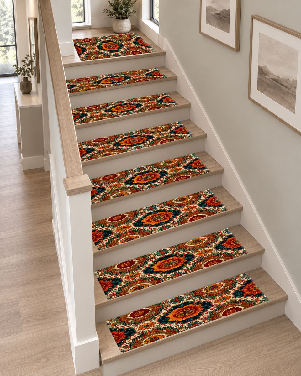 Orange Retro Floral Medallion non-slip stair mat