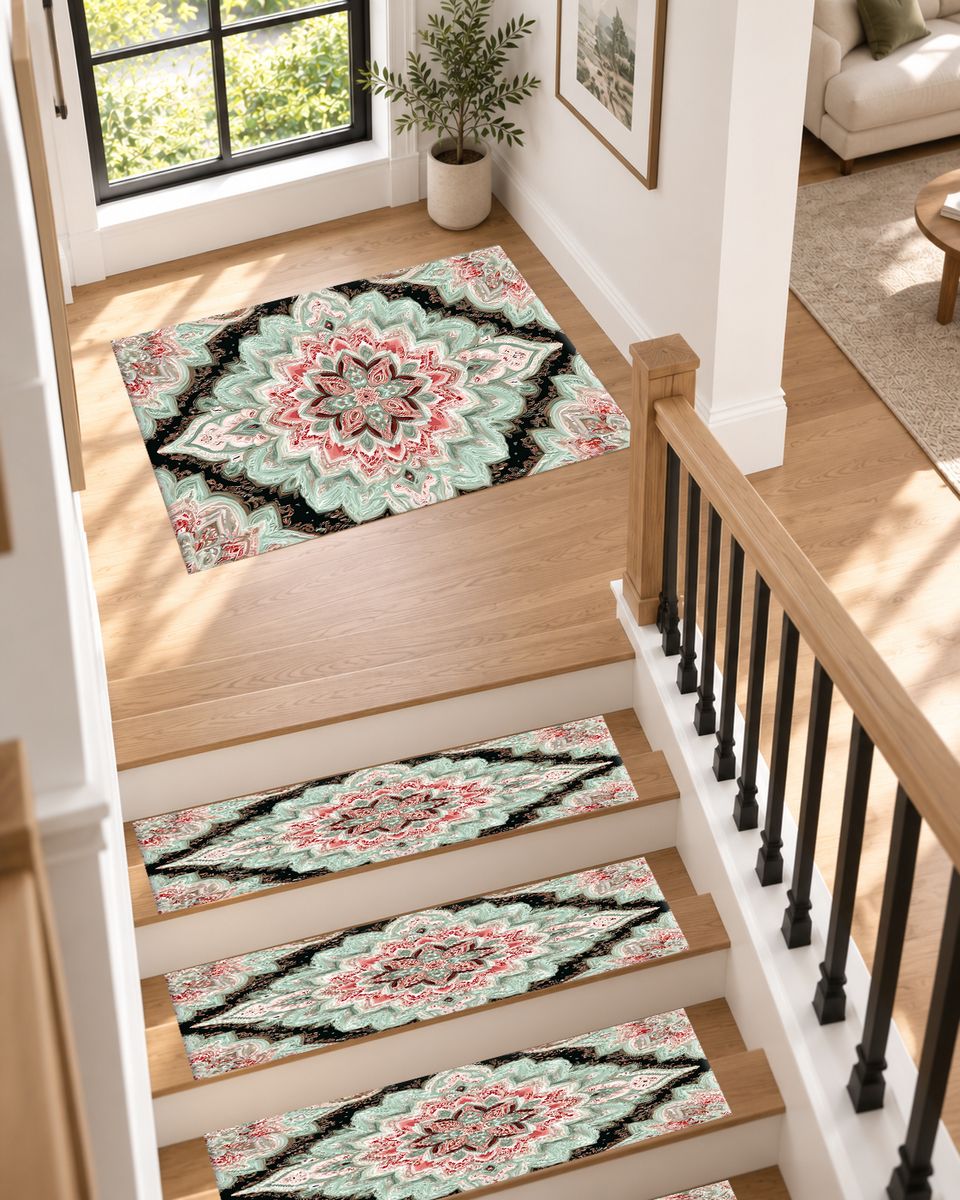 Mint and Black Diamond Medallion non-slip stair mat