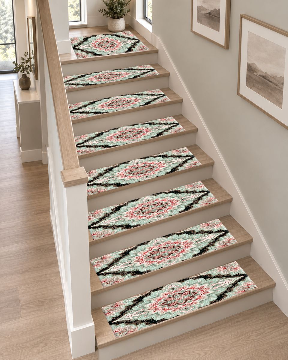 Mint and Black Diamond Medallion non-slip stair mat