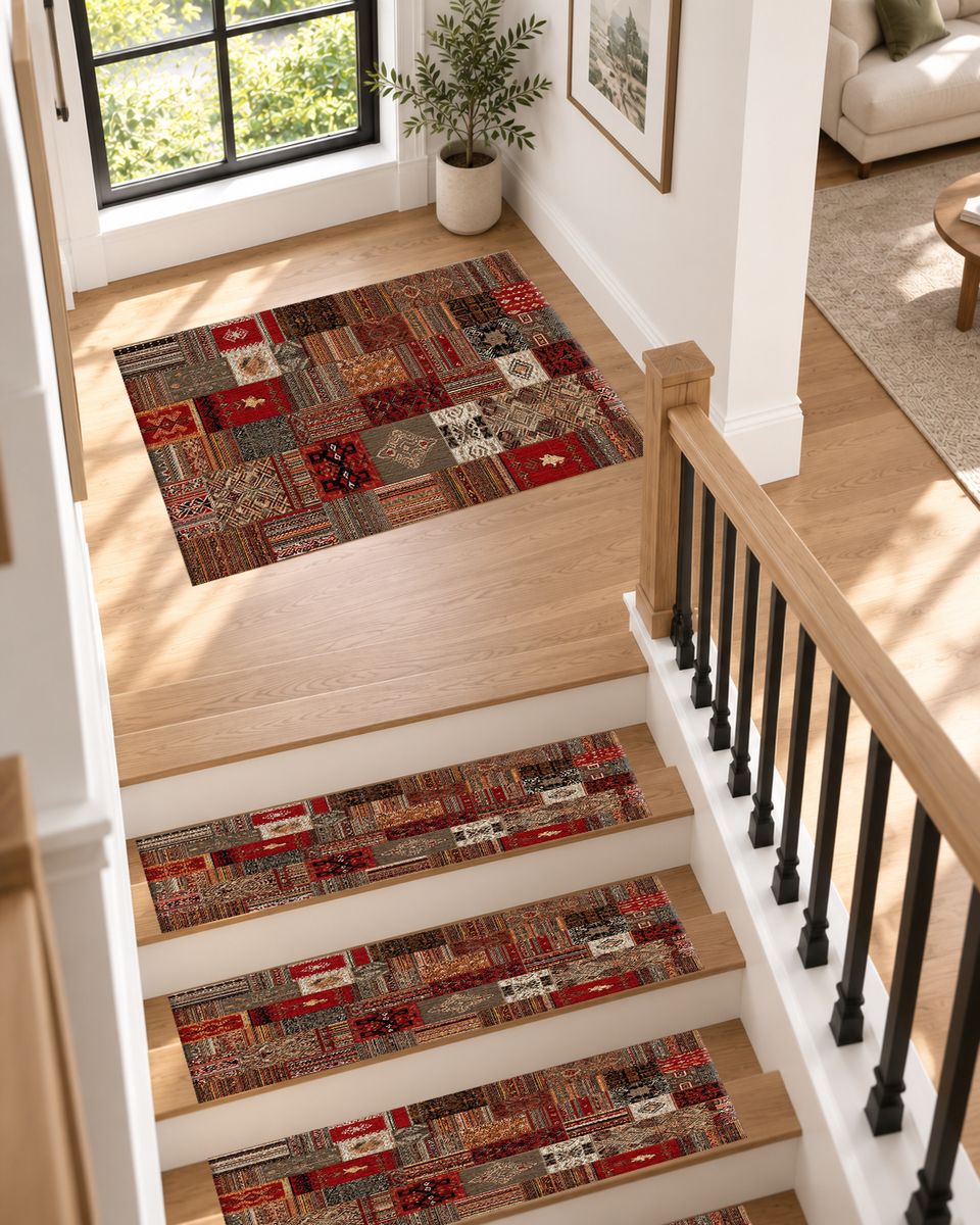 Red Turkish Kilim Patchwork non-slip stair mat