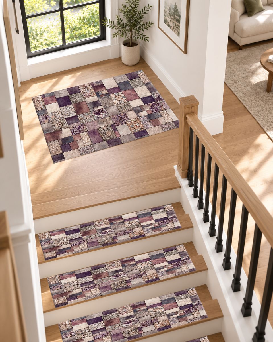Purple Vintage Tile Patchwork non-slip stair mat