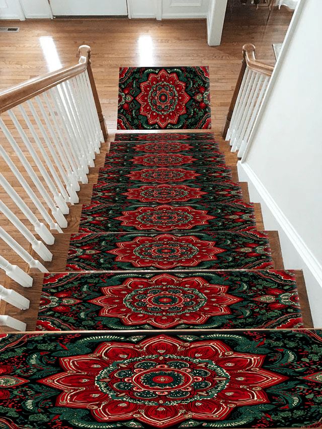Red and Emerald Ornate Mandala non-slip stair mat