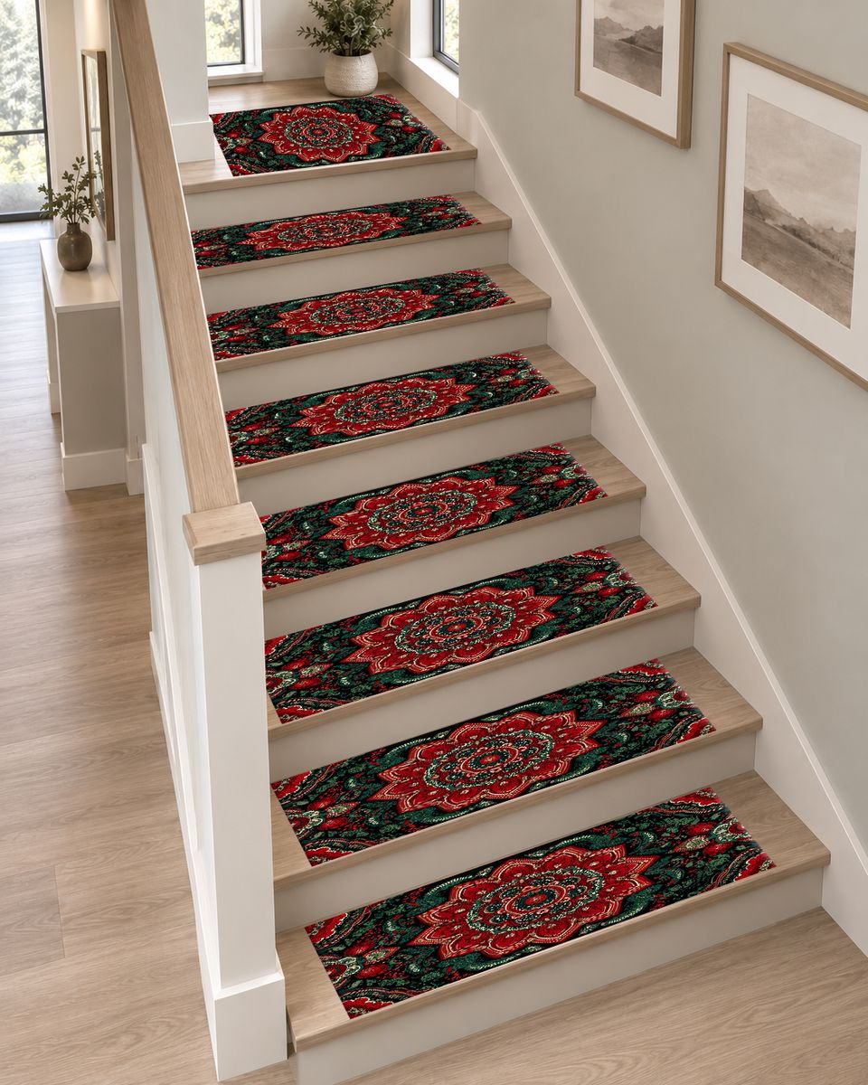 Red and Emerald Ornate Mandala non-slip stair mat