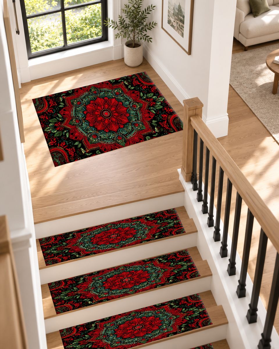 Crimson and Green Floral Medallion non-slip stair mat