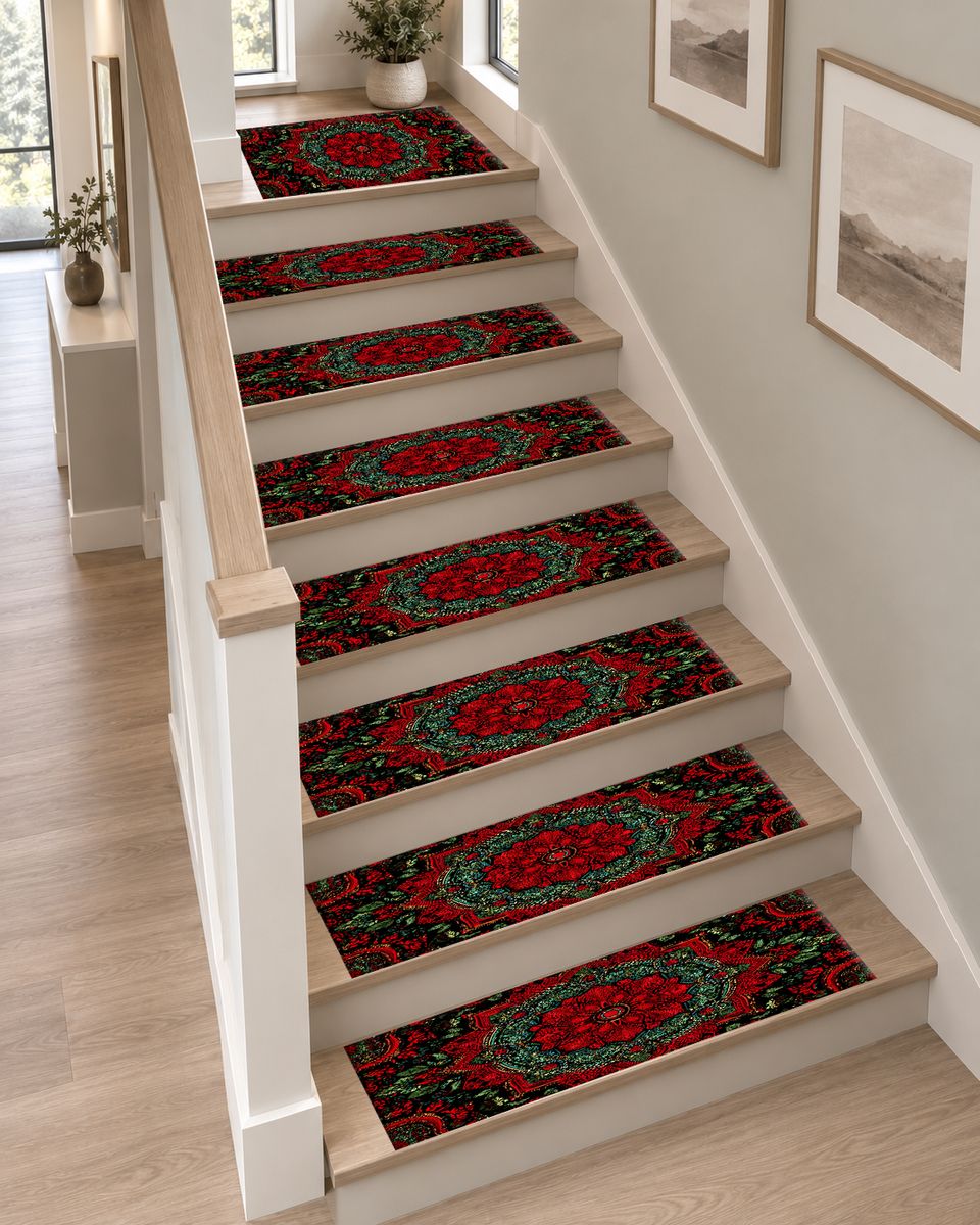 Crimson and Green Floral Medallion non-slip stair mat