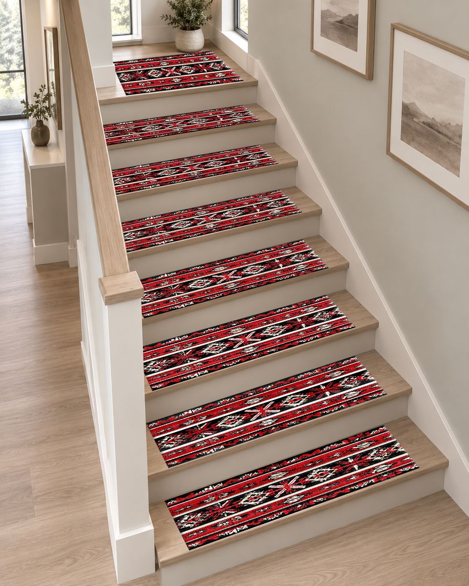Red and Black Folk Striped Kilim non-slip stair mat