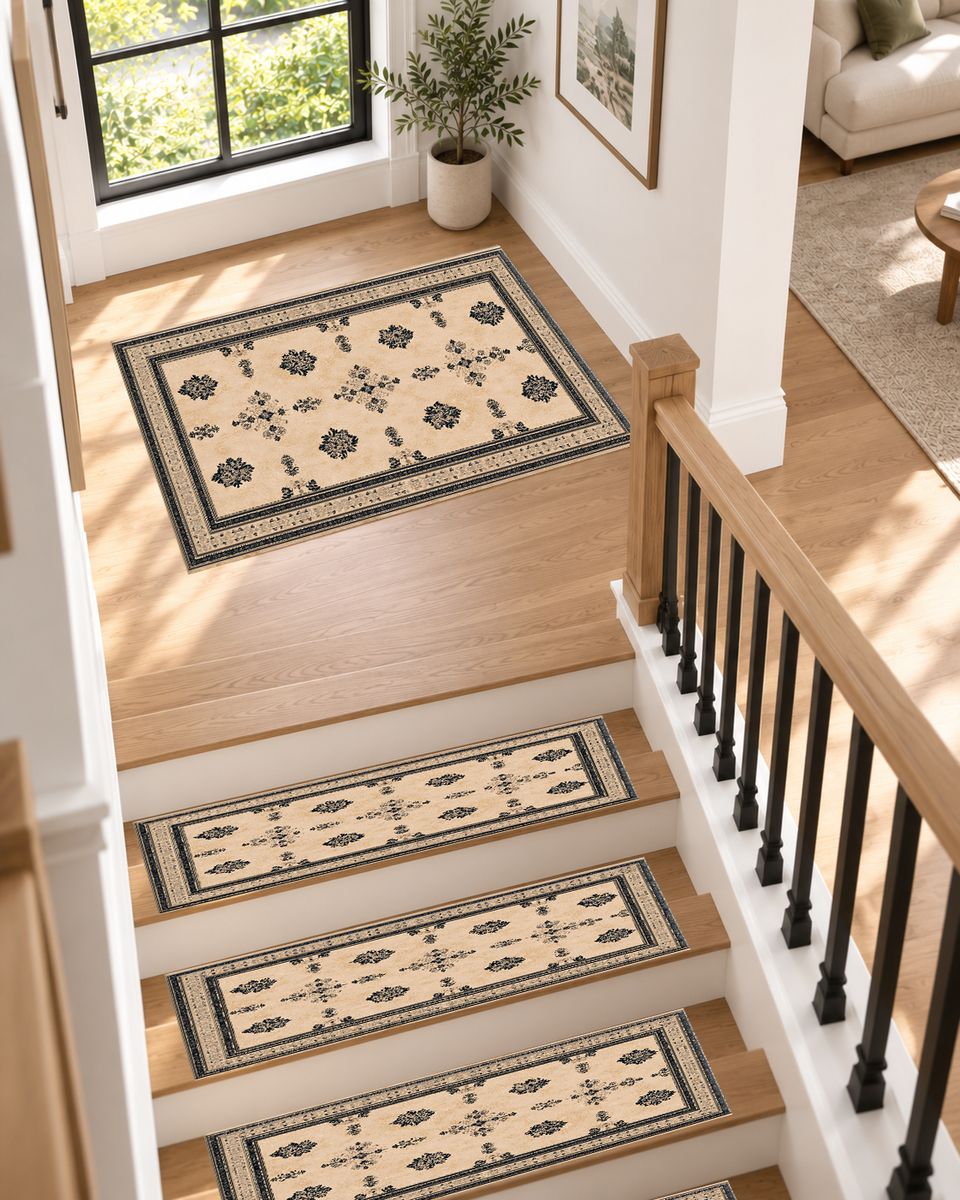 Cream Minimalist Bordered Classic non-slip stair mat