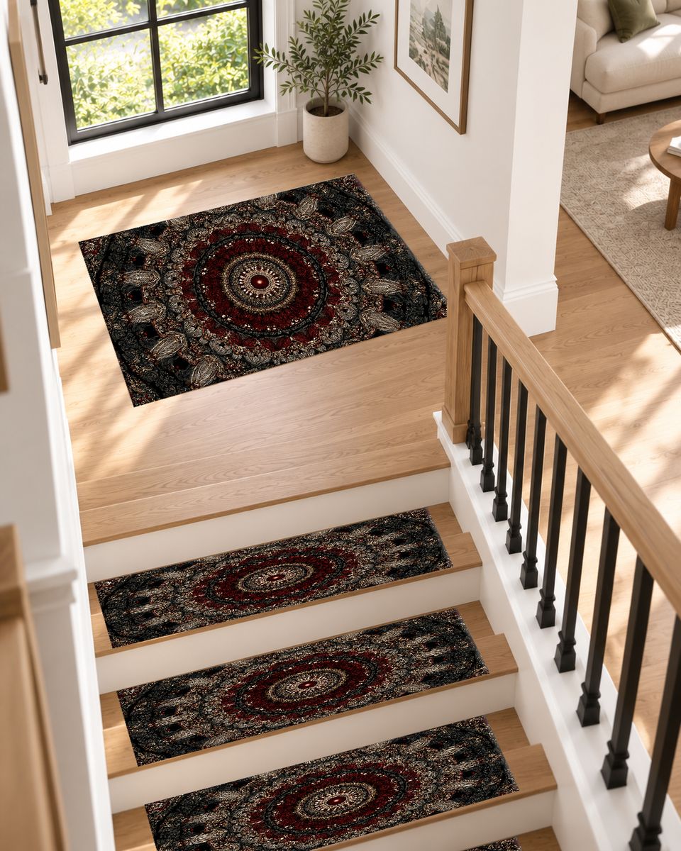 Black and Burgundy Paisley Mandala non-slip stair mat