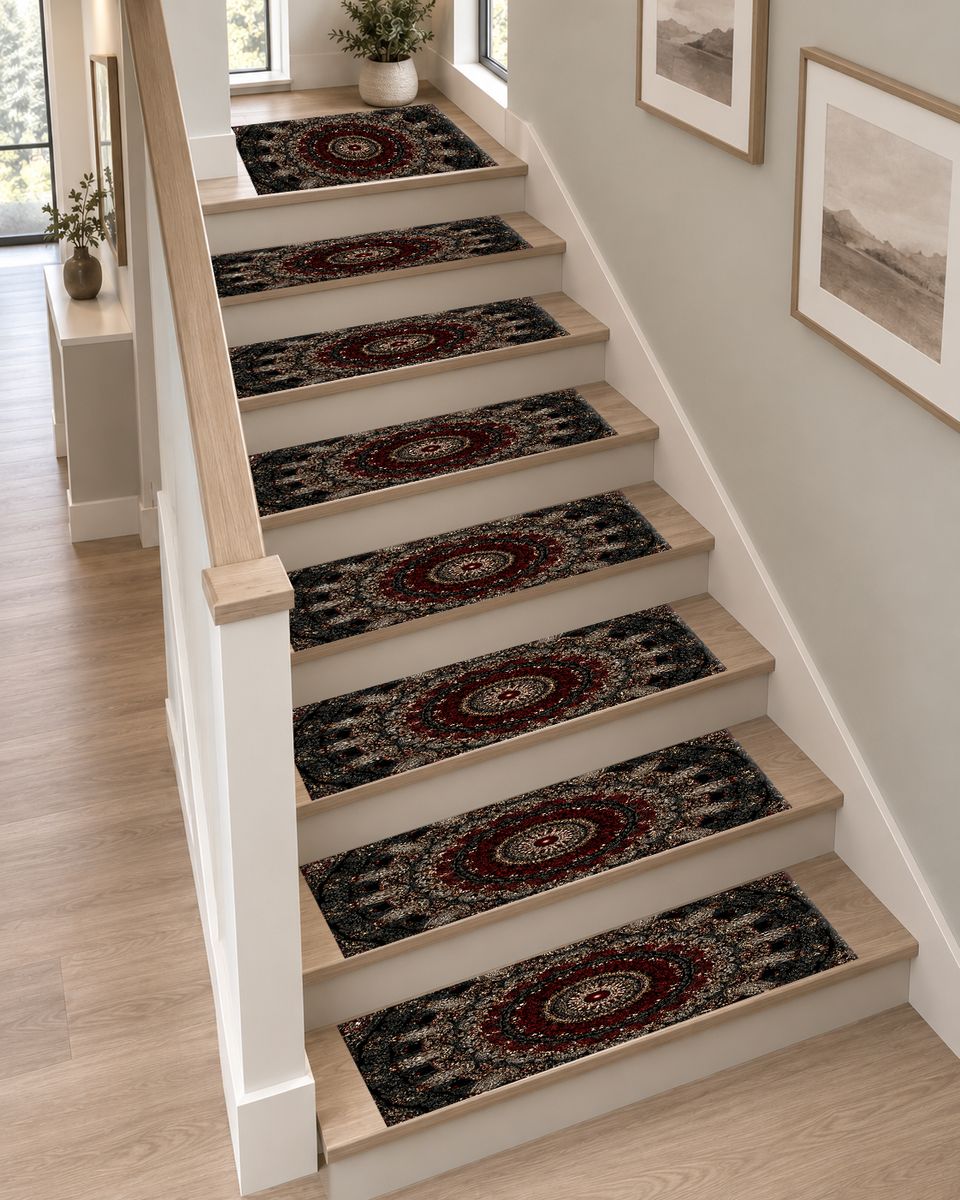 Black and Burgundy Paisley Mandala non-slip stair mat