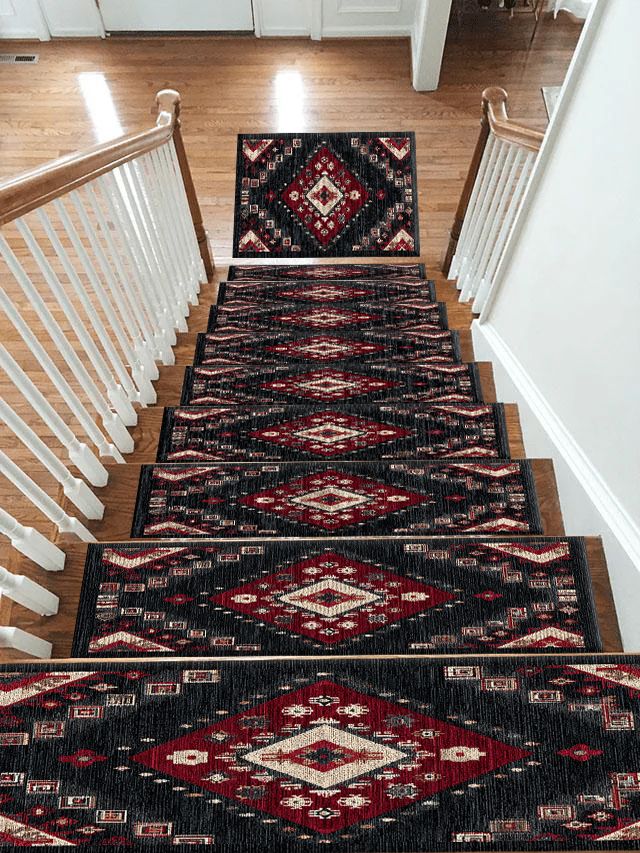 Black and Red Geometric Diamond Kilim non-slip stair mat