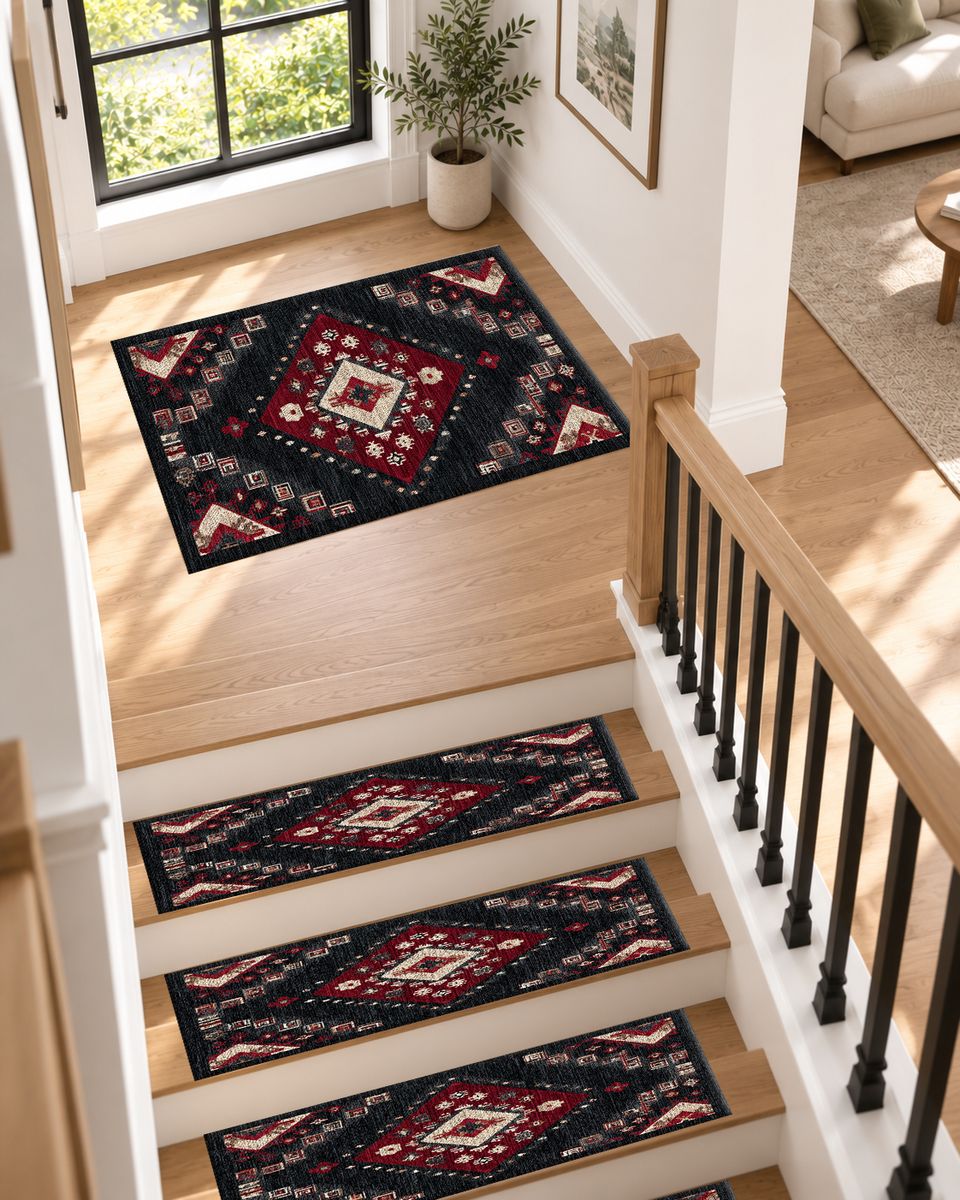 Black and Red Geometric Diamond Kilim non-slip stair mat