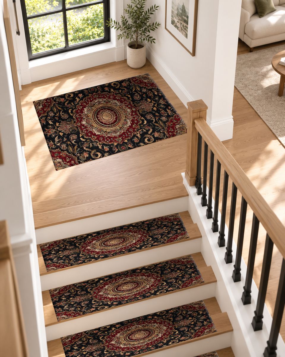 Dark Burgundy Ornate Persian Medallion non-slip stair mat
