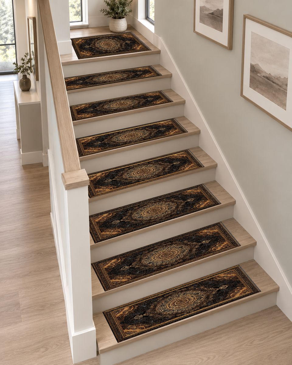 Black and Gold Baroque Medallion non-slip stair mat