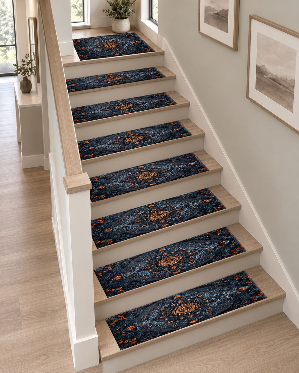 Midnight Blue Damask Medallion non-slip stair mat