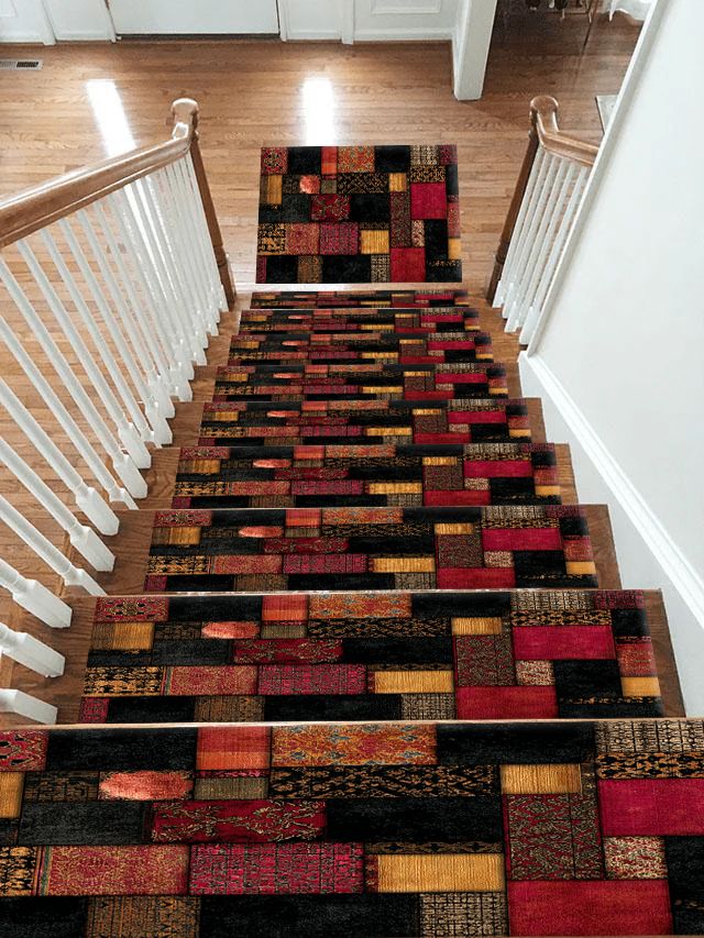 Black and Red Color Block Patchwork non-slip stair mat