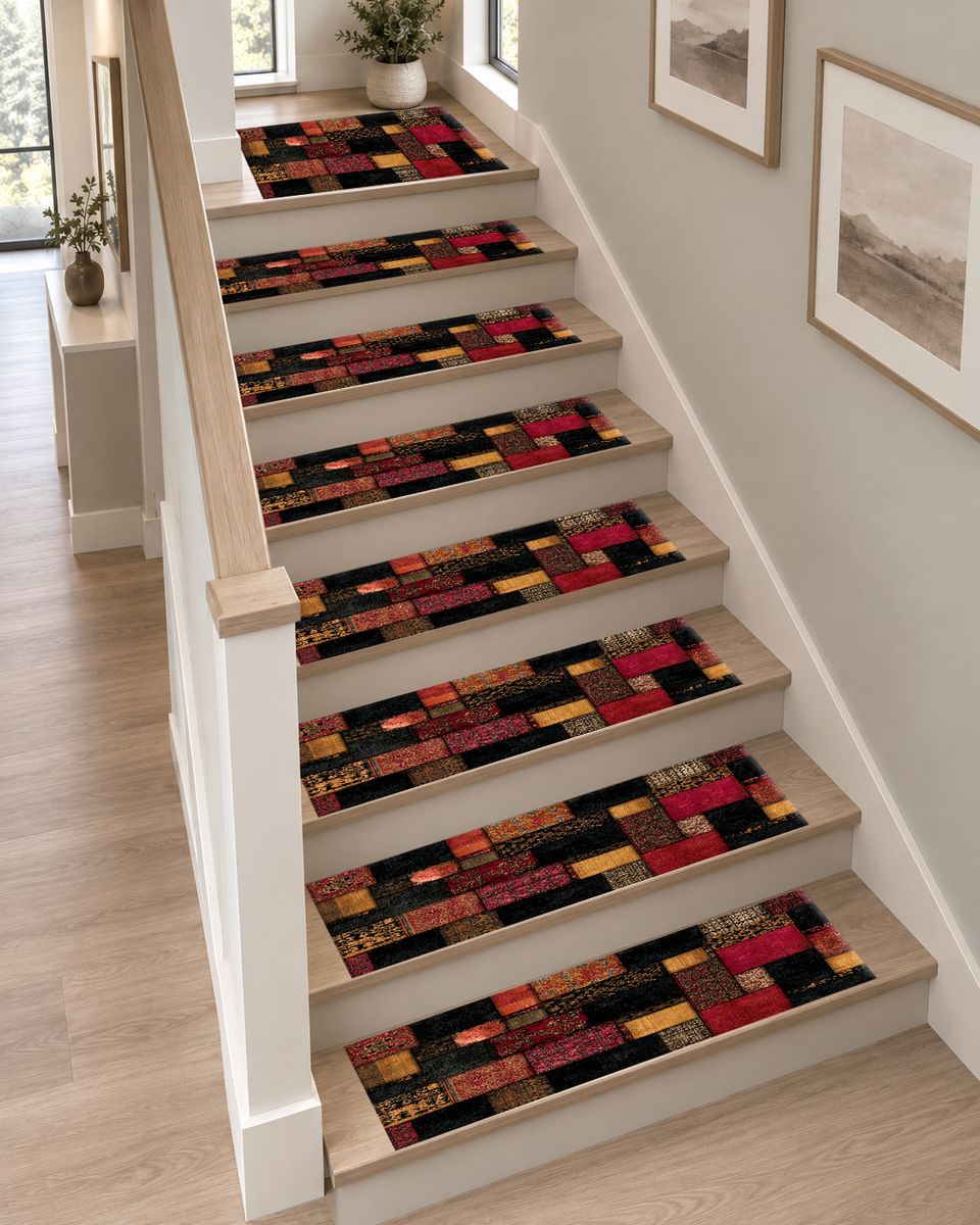 Black and Red Color Block Patchwork non-slip stair mat