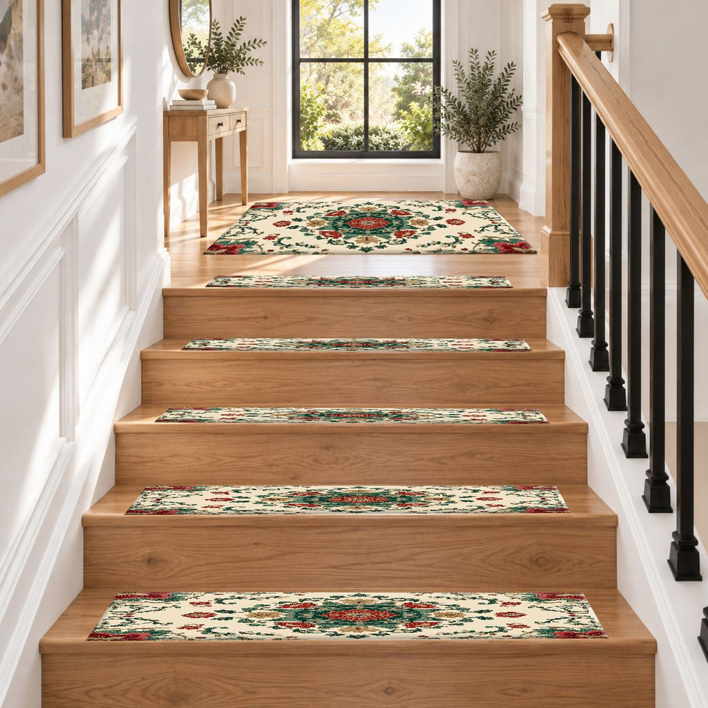 Cream Folk Floral Medallion non-slip stair mat