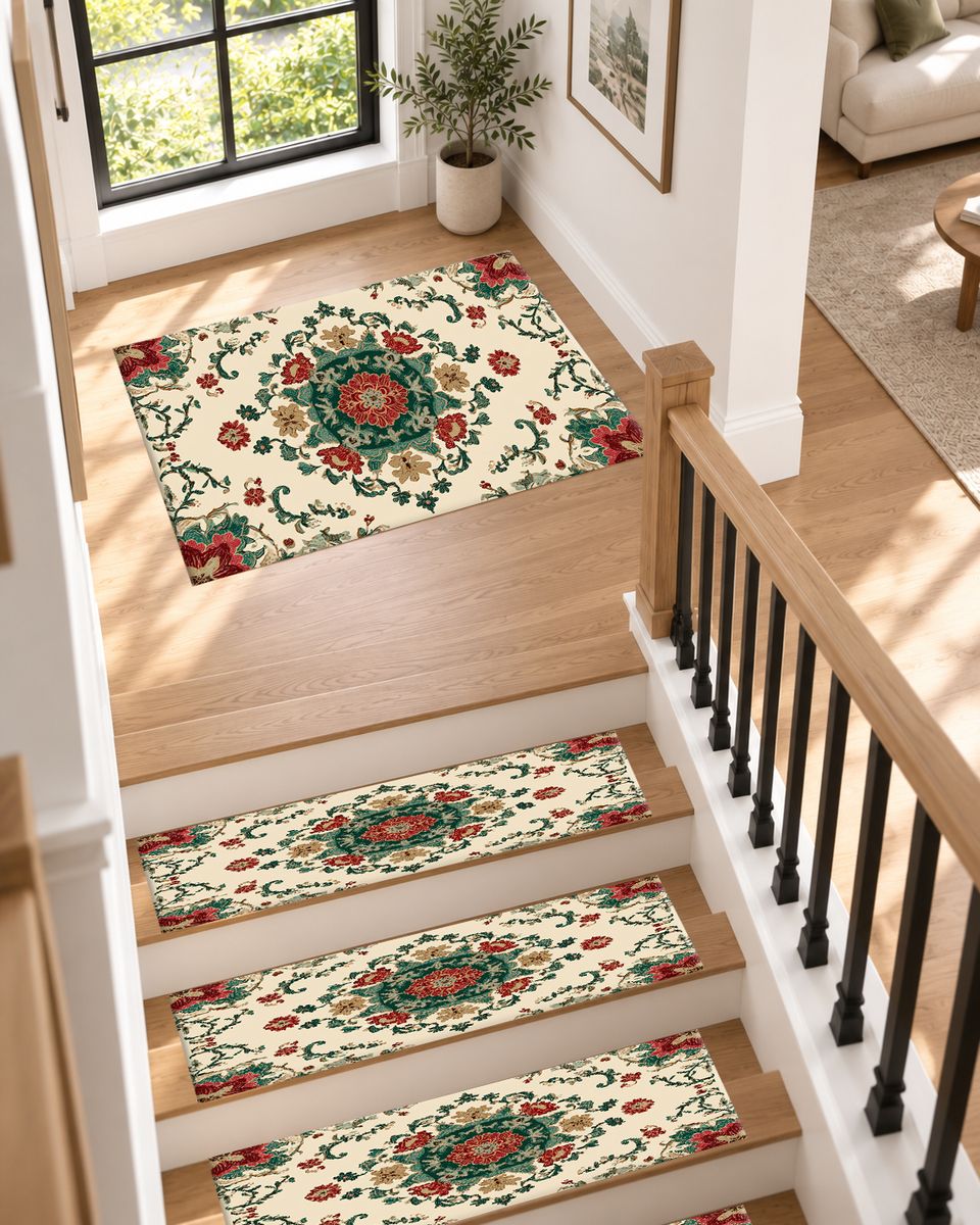 Cream Folk Floral Medallion non-slip stair mat