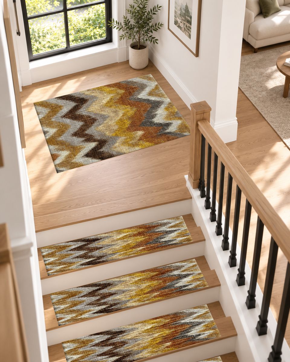 Mustard and Brown Chevron Ikat non-slip stair mat