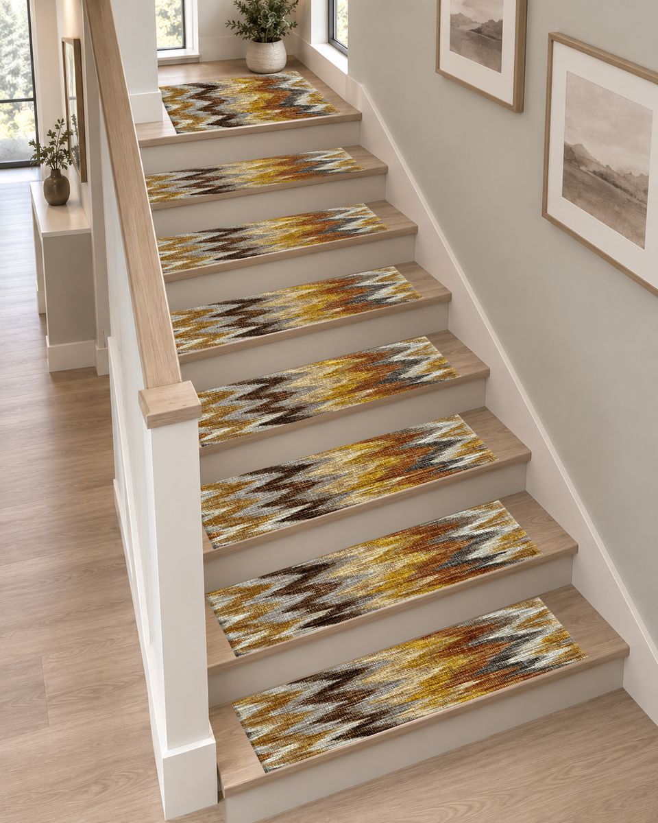 Mustard and Brown Chevron Ikat non-slip stair mat