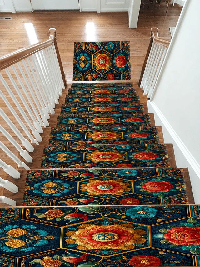 Teal and Orange Hexagon Floral non-slip stair mat
