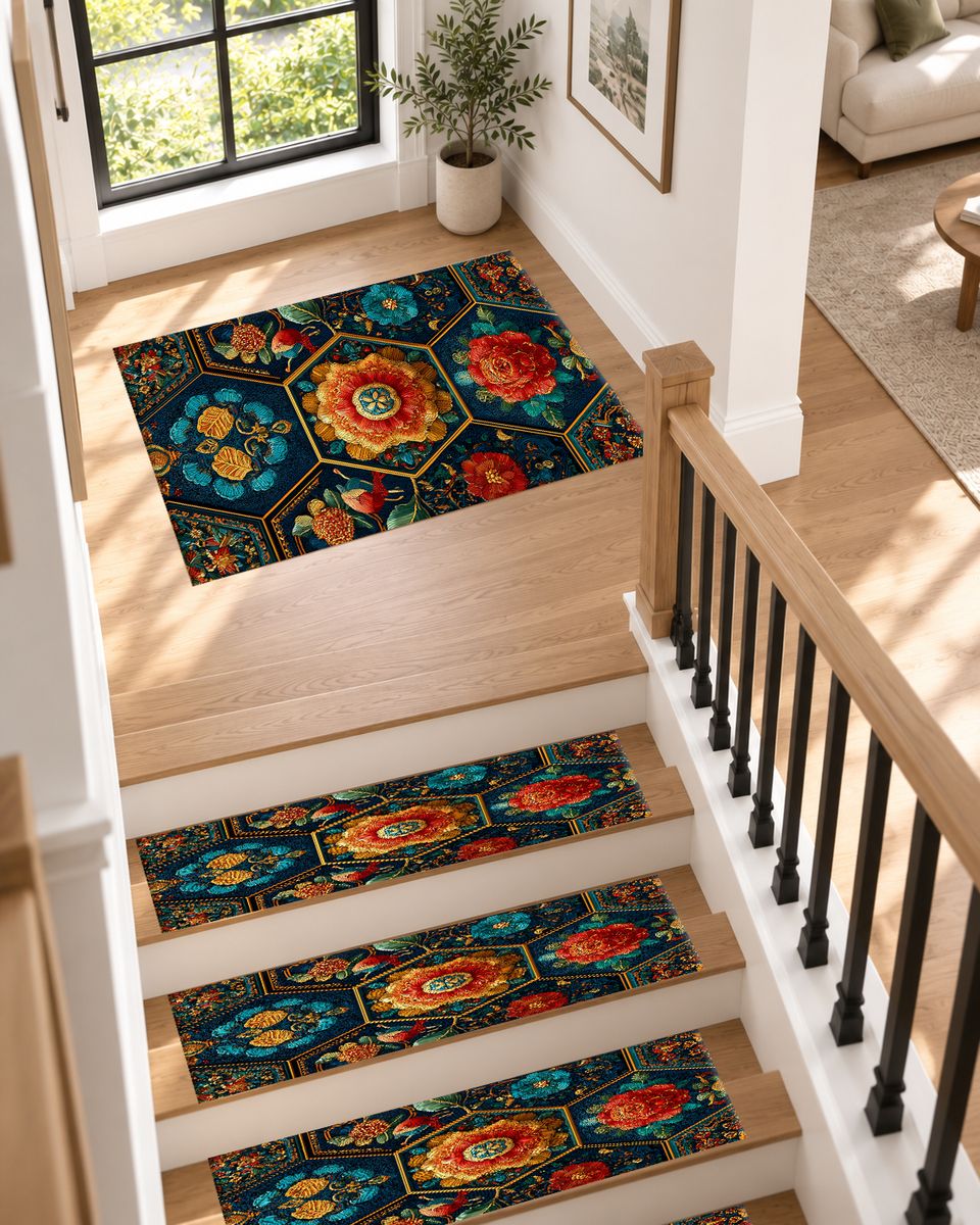 Teal and Orange Hexagon Floral non-slip stair mat