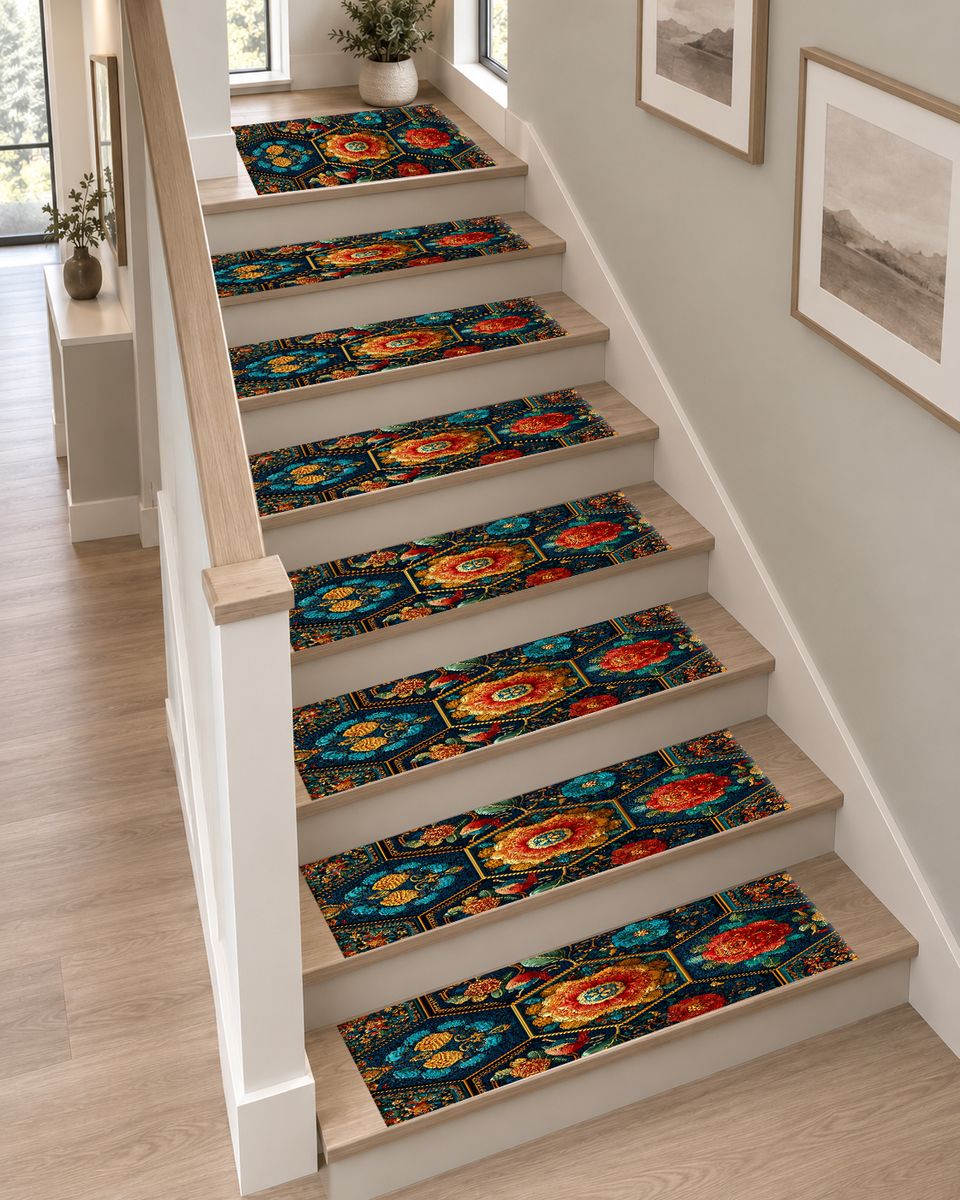 Teal and Orange Hexagon Floral non-slip stair mat