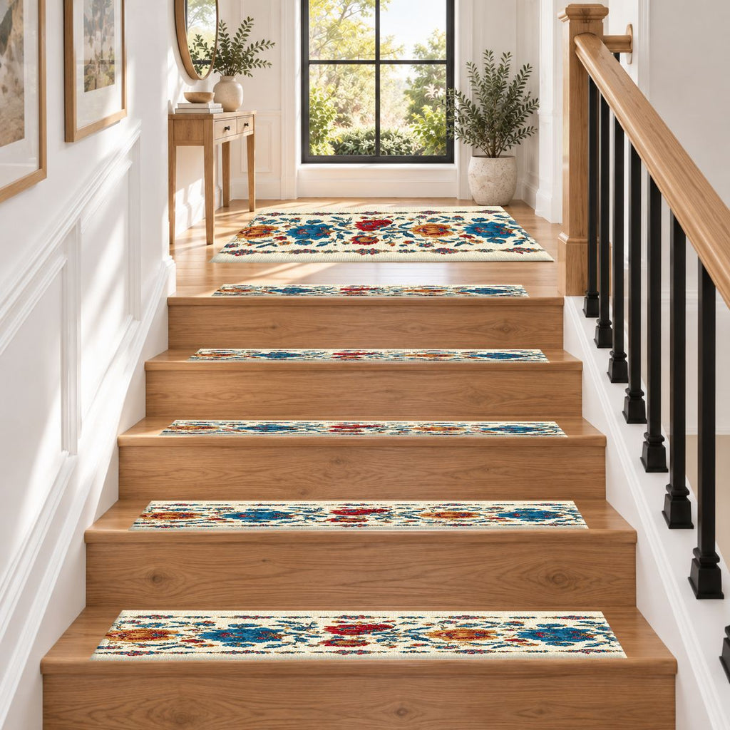 Cream Folk Floral Vine non-slip stair mat