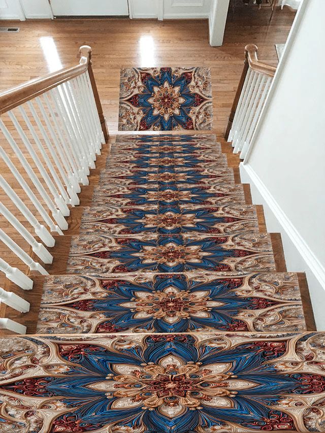 Blue and Blush Star Medallion non-slip stair mat