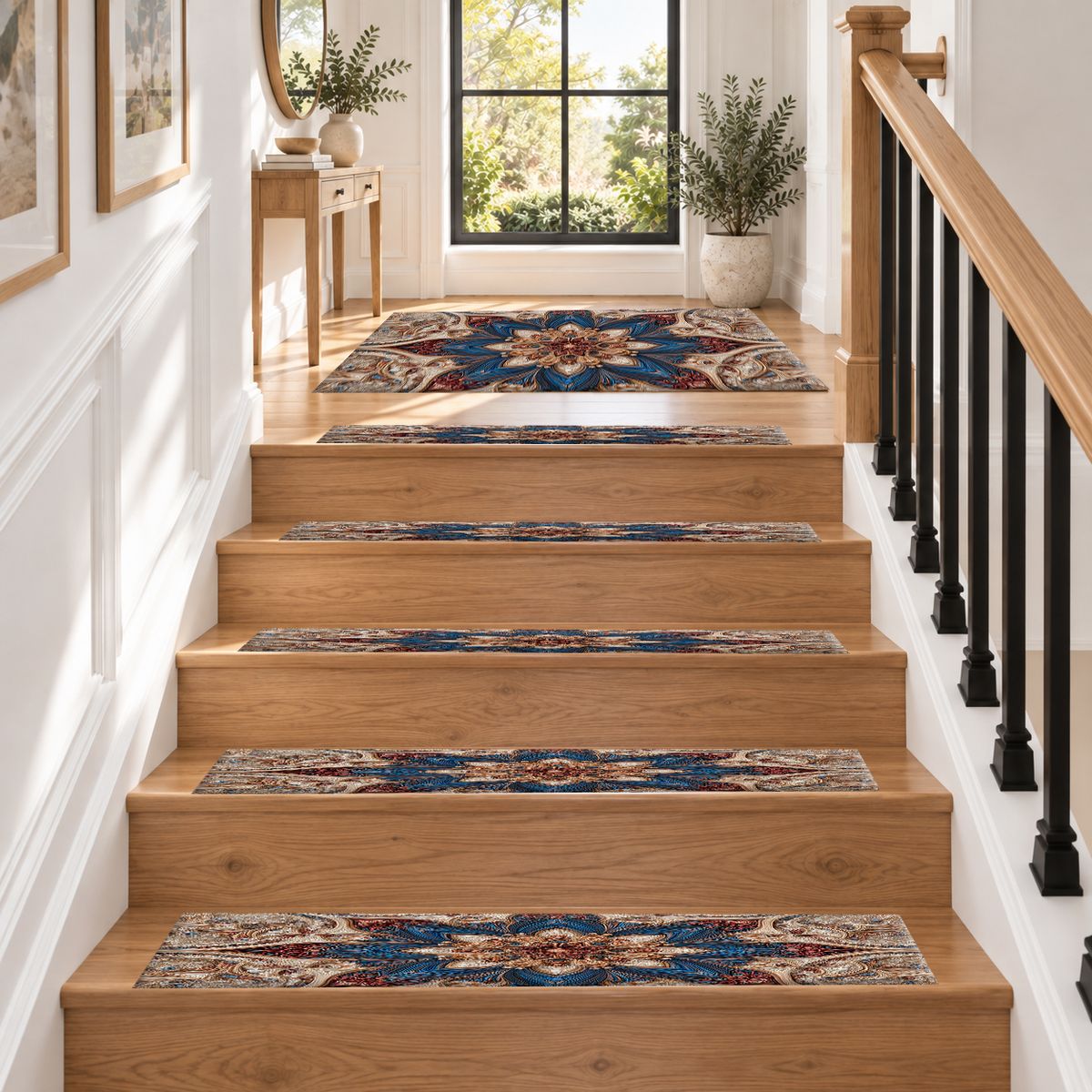 Blue and Blush Star Medallion non-slip stair mat