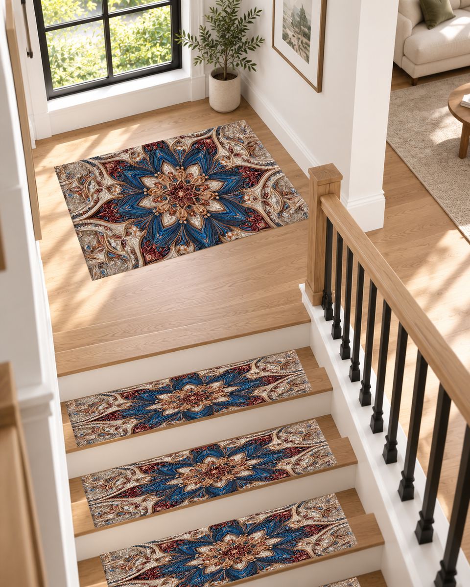 Blue and Blush Star Medallion non-slip stair mat