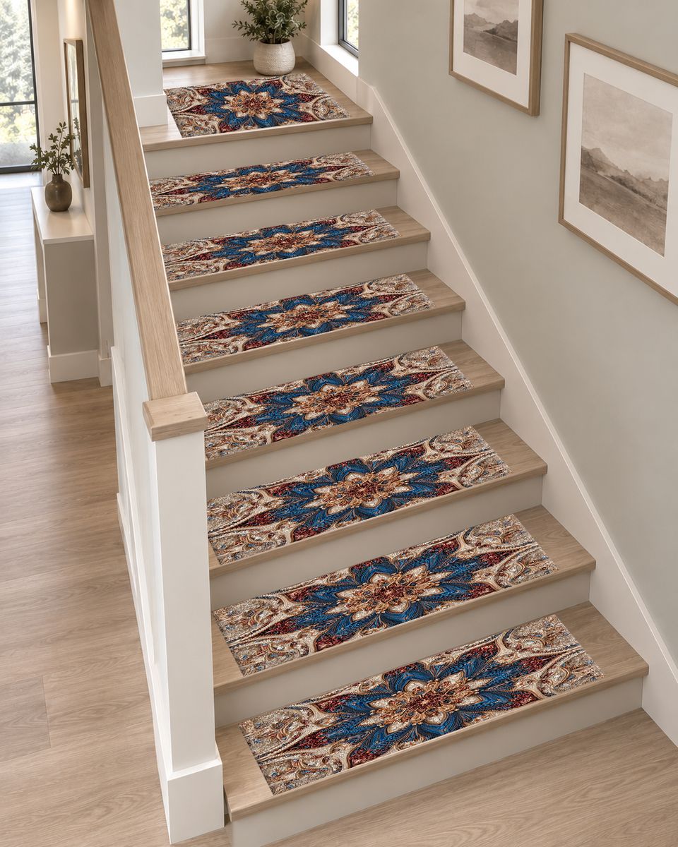 Blue and Blush Star Medallion non-slip stair mat