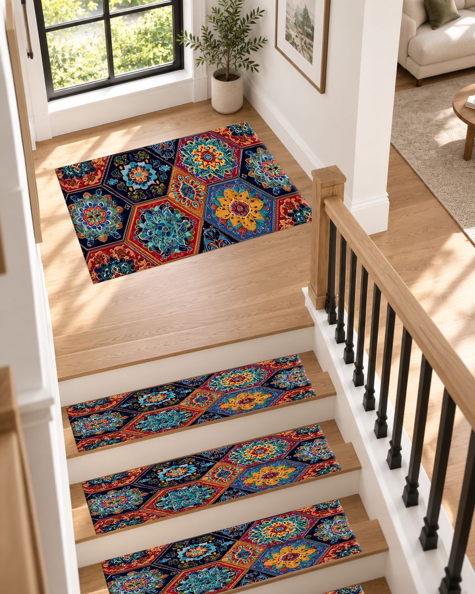 Vibrant Hexagon Mandala Mosaic non-slip stair mat