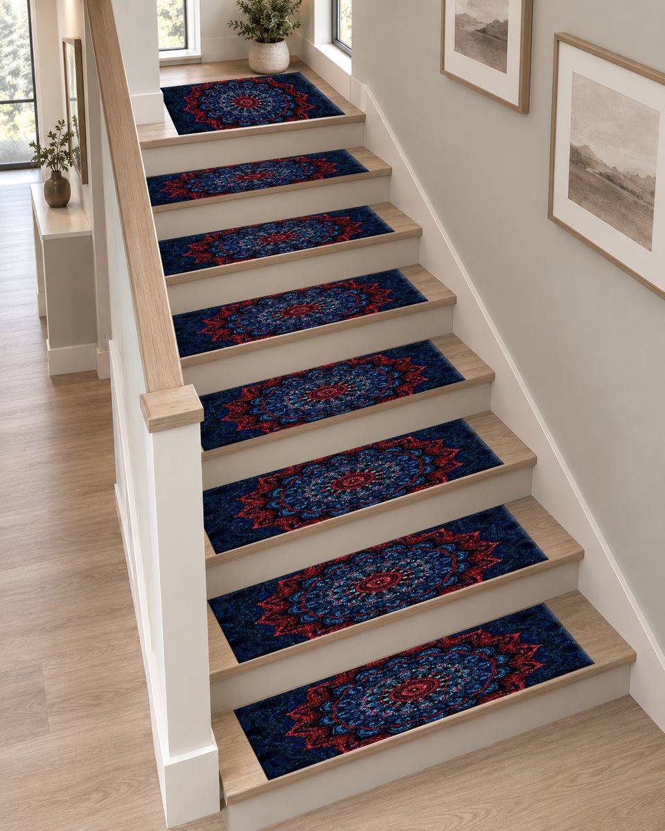 Navy and Red Ornate Mandala non-slip stair mat
