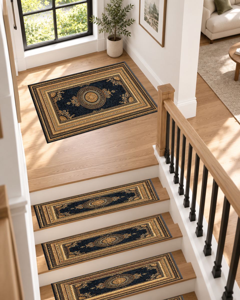 Black and Gold Framed Medallion non-slip stair mat