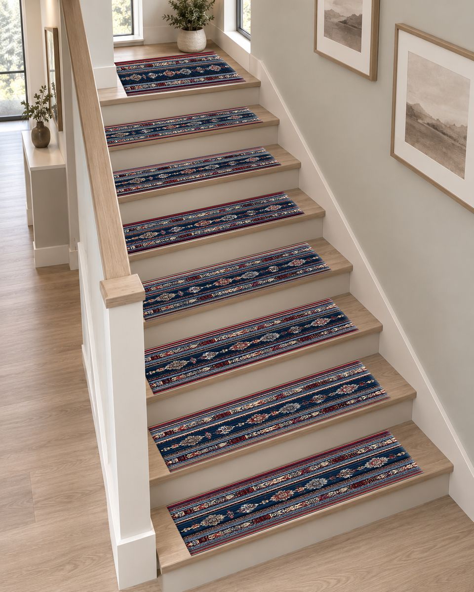 Blue and Red Striped Ornamental Runner non-slip stair mat