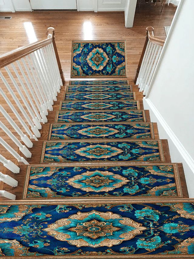 Turquoise and Gold Ornate Medallion non-slip stair mat