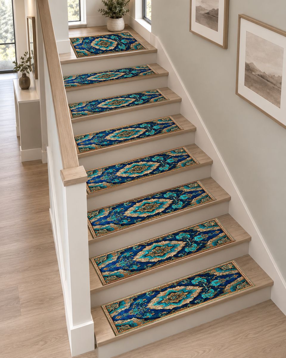 Turquoise and Gold Ornate Medallion non-slip stair mat