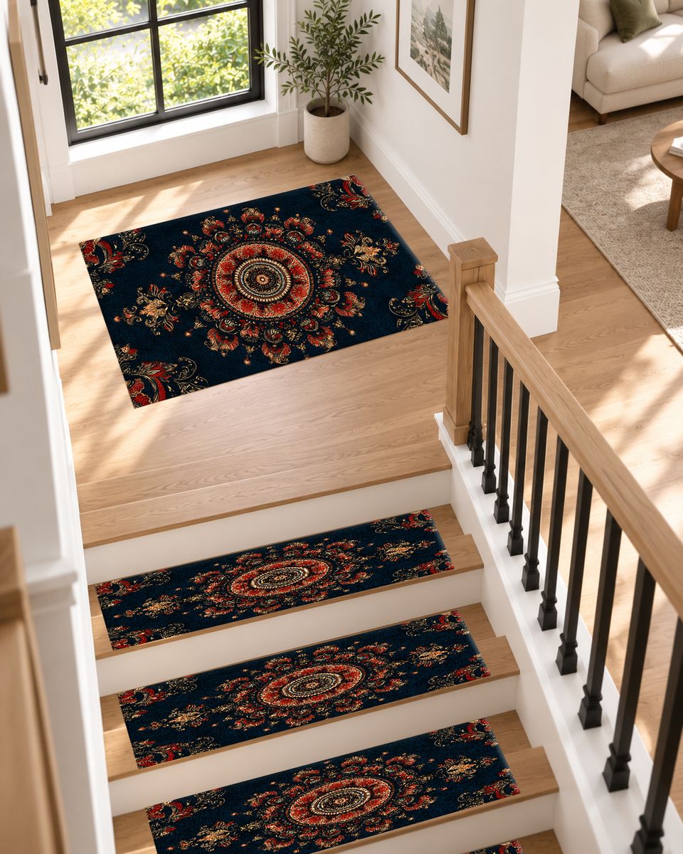 Black and Rust Ornate Medallion non-slip stair mat