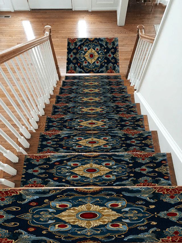 Navy and Gold Jeweled Medallion non-slip stair mat