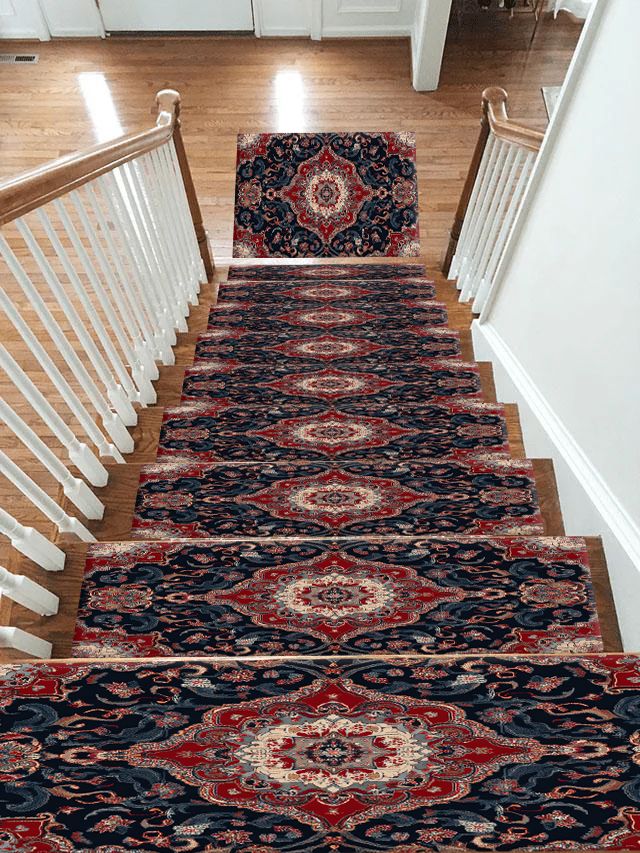 Red and Navy Floral Persian Medallion non-slip stair mat