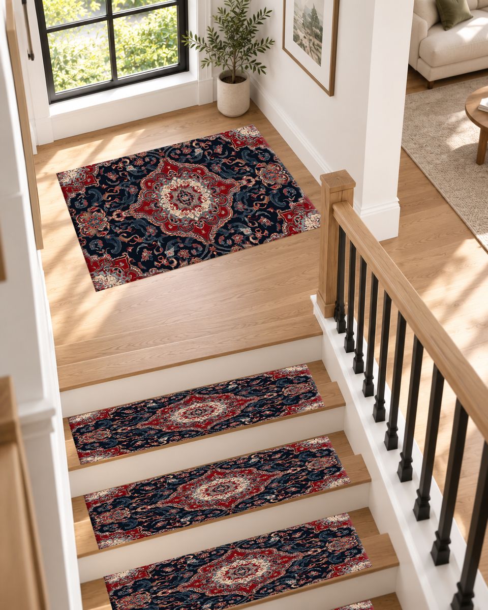 Red and Navy Floral Persian Medallion non-slip stair mat