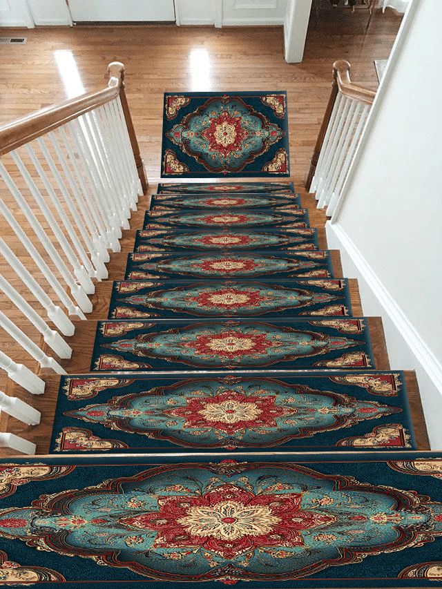 Teal and Coral Vintage Medallion non-slip stair mat