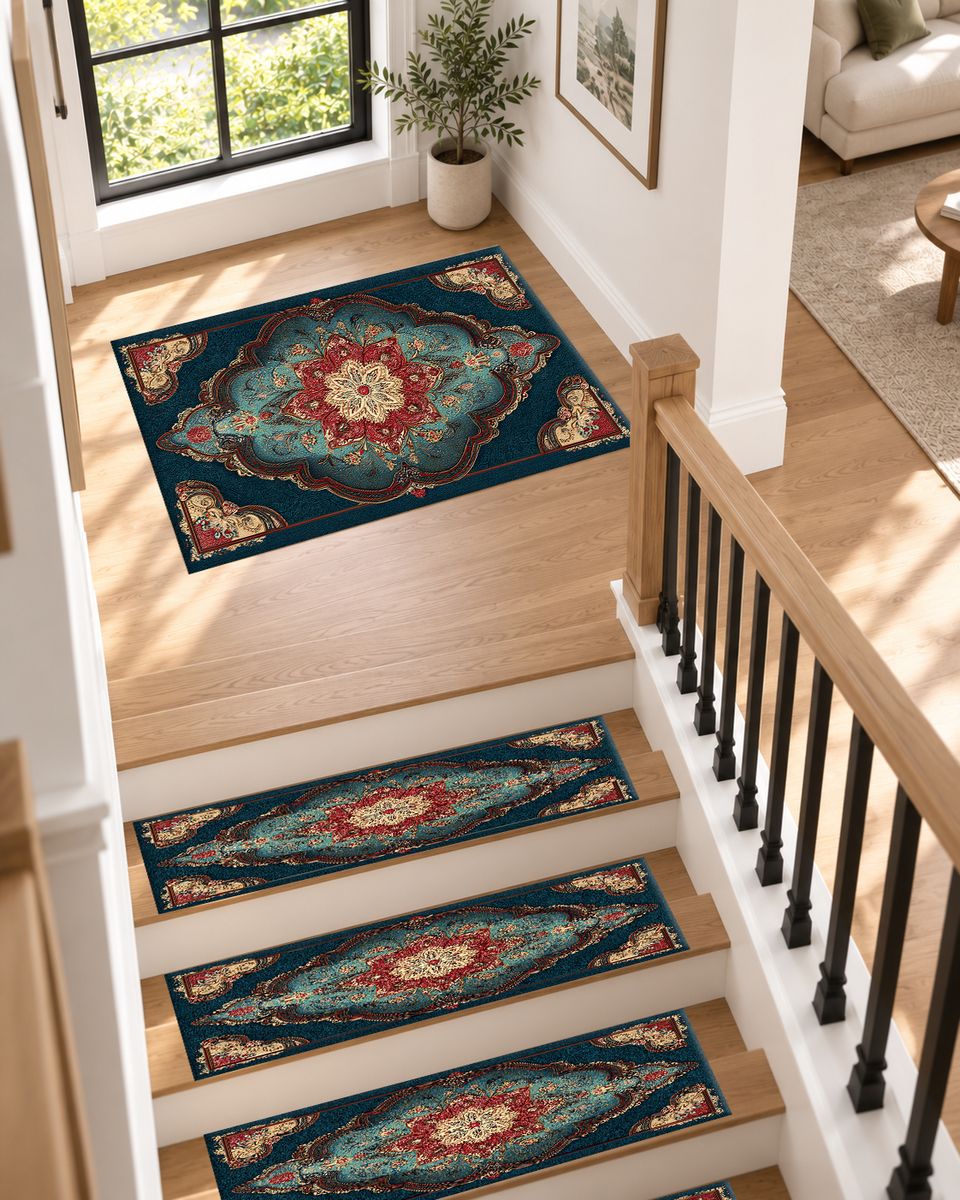 Teal and Coral Vintage Medallion non-slip stair mat