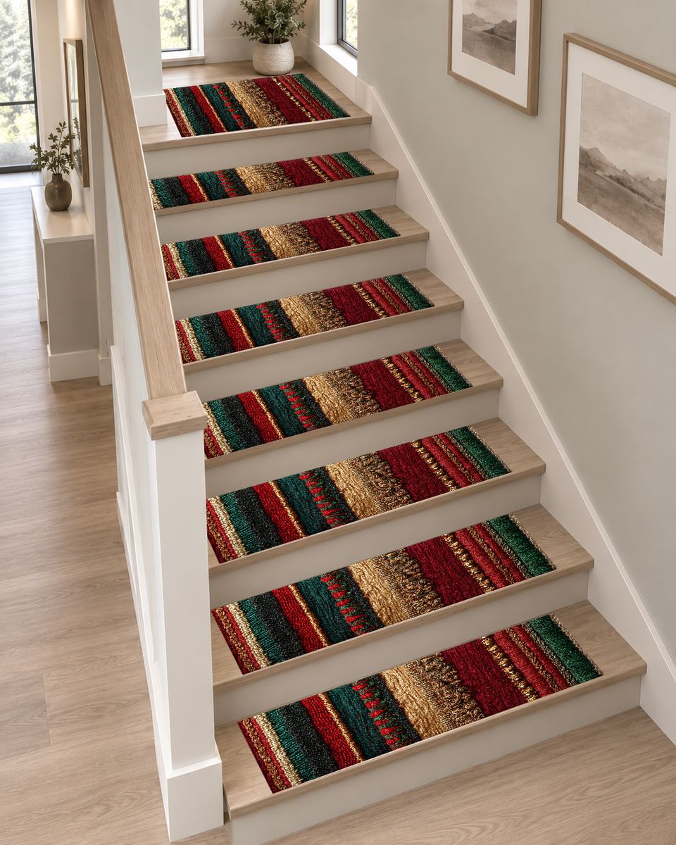 Red Green and Gold Striped Woven non-slip stair mat